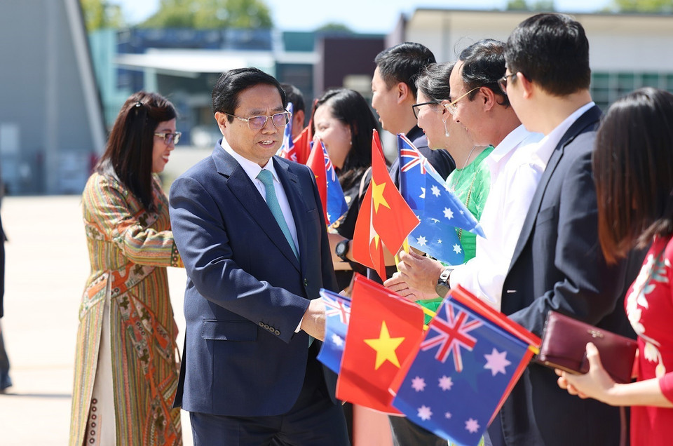 Lễ tiễn Thủ tướng Phạm Minh Chính và Phu nhân kết thúc chuyến thăm chính thức Australia. (Ảnh: Dương Giang/TTXVN)