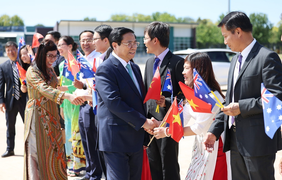 Lễ tiễn Thủ tướng Phạm Minh Chính và Phu nhân kết thúc chuyến thăm chính thức Australia. (Ảnh: Dương Giang/TTXVN)