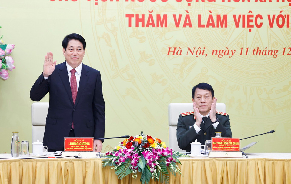 Chủ tịch nước Lương Cường làm việc với Bộ Công an. (Ảnh: Lâm Khánh/TTXVN)