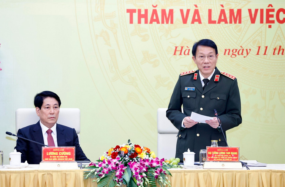 Đại tướng Lương Tam Quang, Ủy viên Bộ Chính trị, Bộ trưởng Bộ Công an phát biểu. (Ảnh: Lâm Khánh/TTXVN)