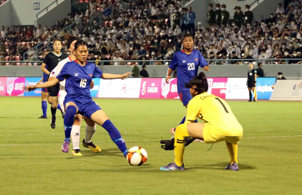 Pha lên bóng của đội Philippines trước khung thành của đội Campuchia. Trong trận đấu này, Philippines có 3 bàn thắng thuyết phục trước đội Campuchia. (Ảnh: Anh Tuấn/ TTXVN)