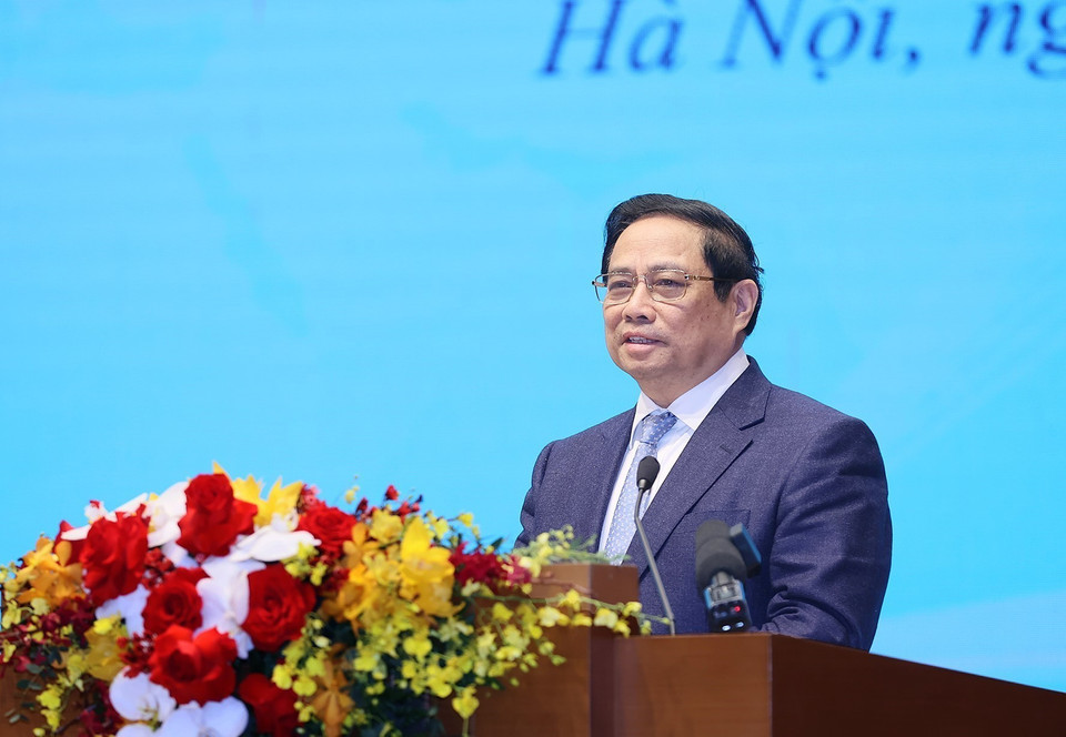 Thủ tướng Phạm Minh Chính phát biểu tại Hội nghị hợp tác đầu tư Việt Nam-Lào 2024. Ảnh: Dương Giang-TTXVN