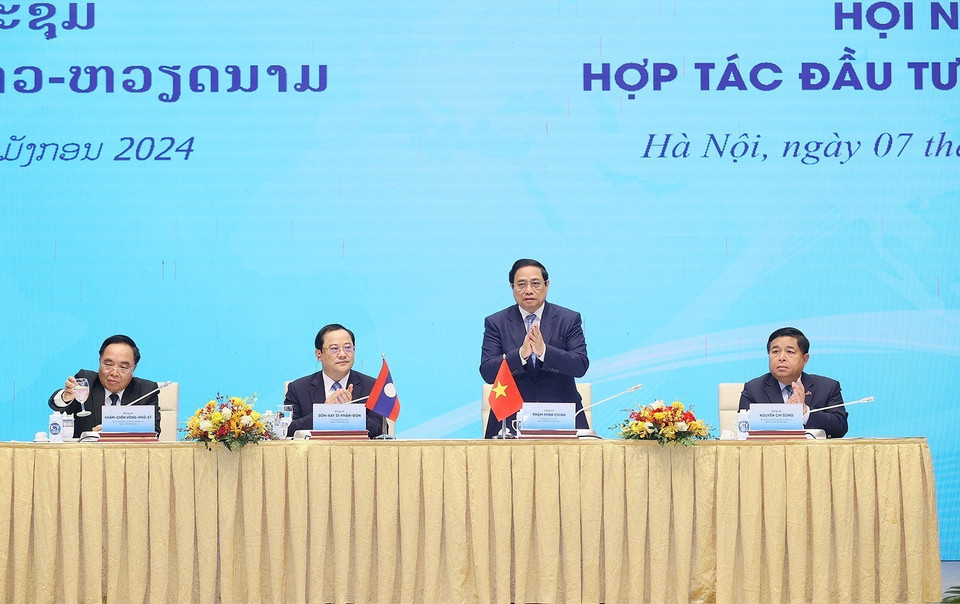 Thủ tướng Phạm Minh Chính dự Hội nghị hợp tác đầu tư Việt Nam-Lào 2024. (Ảnh: Dương Giang/TTXVN)