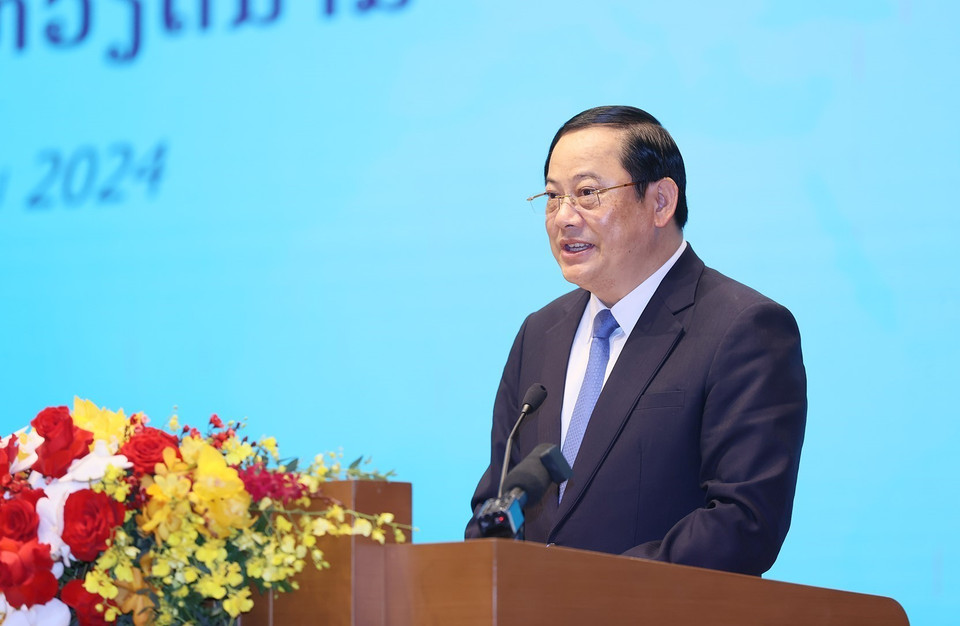 Thủ tướng Lào Sonexay Siphandone phát biểu tại Hội nghị hợp tác đầu tư Việt Nam-Lào 2024. Ảnh: Dương Giang-TTXVN
