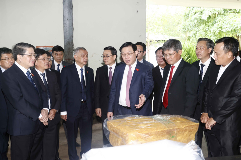 Chủ tịch Quốc hội Vương Đình Huệ thăm xưởng chế biến mủ cao su của Công ty TNHH Cao su Việt-Lào. (Ảnh: Doãn Tấn/TTXVN)