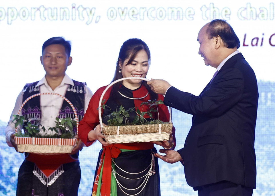 Chủ tịch nước Nguyễn Xuân Phúc tặng cây sâm giống cho đại diện cho các hộ nông dân. (Ảnh: Thống Nhất/TTXVN)