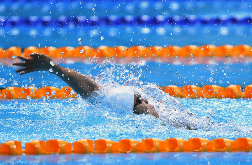 Ở nội dung 100m bơi ngửa nữ, Ánh Viên về đích với thành tích 1 phút 01 giây 89, phá kỷ lục SEA Games (1 phút 02 giây 11). (Ảnh: Quốc Khánh/TTXVN)