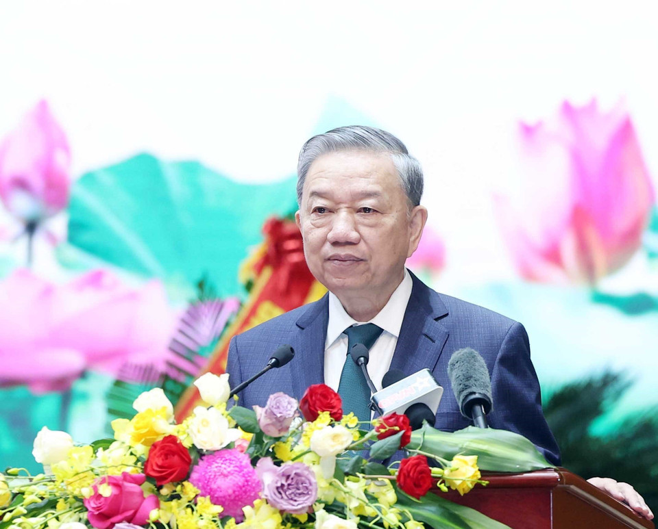 Tổng Bí thư Tô Lâm phát biểu tại lễ kỷ niệm. (Ảnh: Thống Nhất/TTXVN)