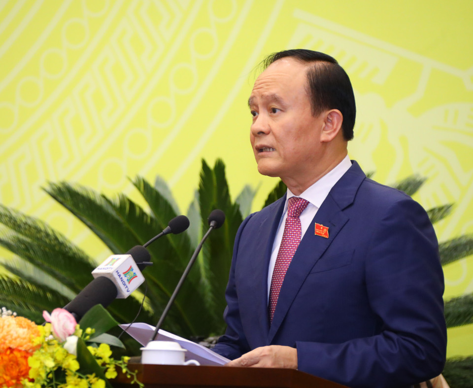 Phó Bí thư Thành ủy, Chủ tịch Hội đồng Nhân dân thành phố Hà Nội Nguyễn Ngọc Tuấn phát biểu. (Ảnh: Văn Điệp/TTXVN)