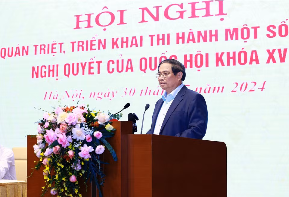 Thủ tướng Phạm Minh Chính chủ trì Hội nghị quán triệt, triển khai thi hành một số Luật, Nghị quyết của Quốc hội khóa 15. (Ảnh: Dương Giang/TTXVN)