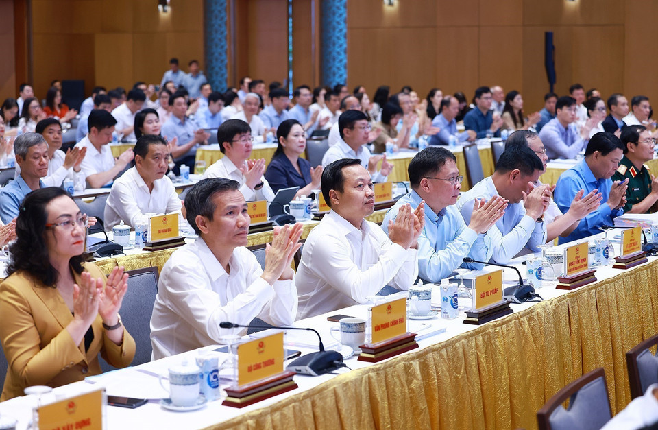 Các đại biểu dự Hội nghị quán triệt, triển khai thi hành một số Luật, Nghị quyết của Quốc hội khóa 15. (Ảnh: Dương Giang/TTXVN)