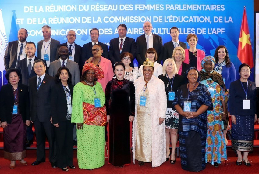 Chủ tịch Quốc hội Nguyễn Thị Kim Ngân dự và phát biểu khai mạc Hội nghị Mạng lưới Nữ nghị sỹ Ủy ban Giáo dục, Truyền thông và Văn hóa của Liên minh Nghị viện Pháp ngữ diễn ra từ 26 đến 28/2/2019, tại Hà Nội. (Ảnh: Trọng Đức/TTXVN)