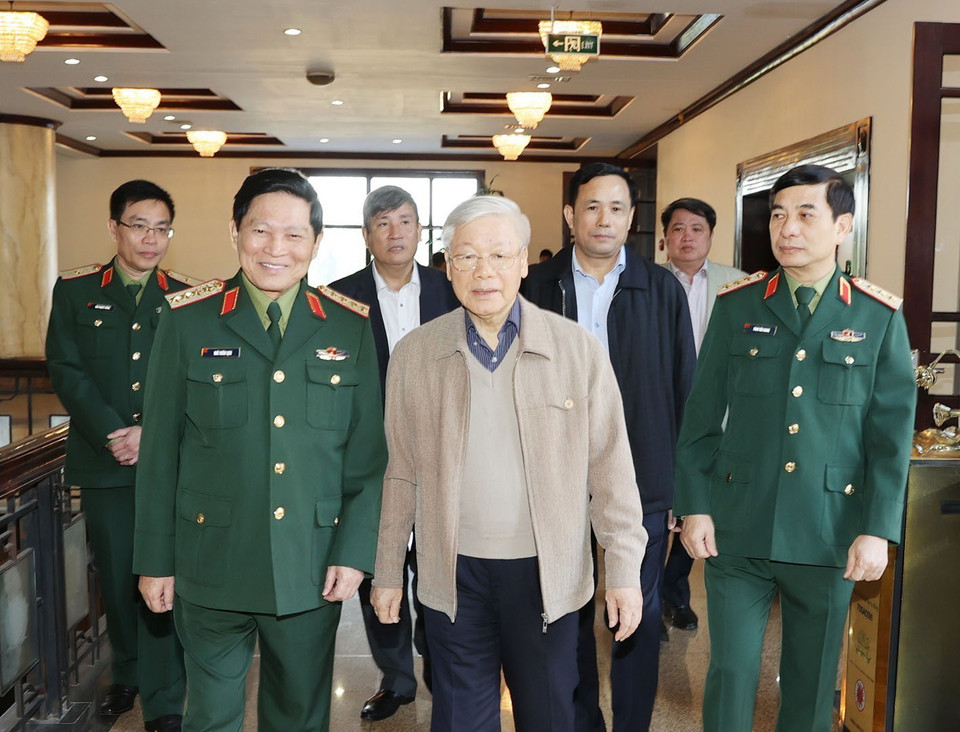 Tổng Bí thư, Chủ tịch nước Nguyễn Phú Trọng, Bí thư Quân ủy Trung ương chủ trì Hội nghị. (Ảnh: Trí Dũng/TTXVN)