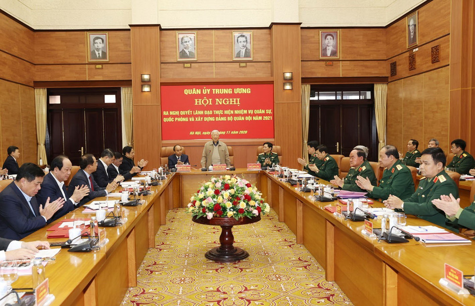 Tổng Bí thư, Chủ tịch nước Nguyễn Phú Trọng, Bí thư Quân ủy Trung ương phát biểu kết luận Hội nghị. (Ảnh: Trí Dũng/TTXVN)