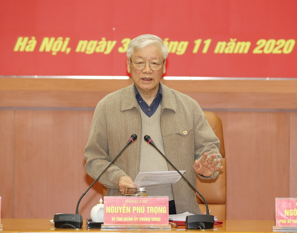 Tổng Bí thư, Chủ tịch nước Nguyễn Phú Trọng, Bí thư Quân ủy Trung ương phát biểu kết luận Hội nghị. (Ảnh: Trí Dũng/TTXVN)