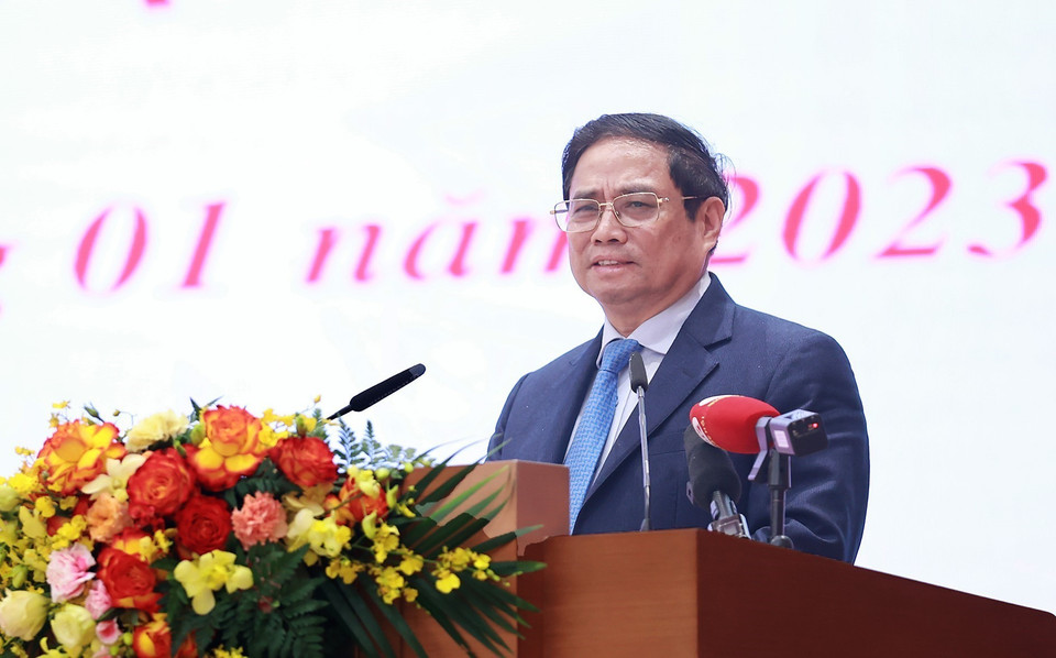 Hình ảnh Thủ tướng Phạm Minh Chính phát biểu tại buổi gặp mặt kiều bào tiêu biểu tham dự chương trình Xuân Quê hương 2023. (Ảnh: Dương Giang/TTXVN) 