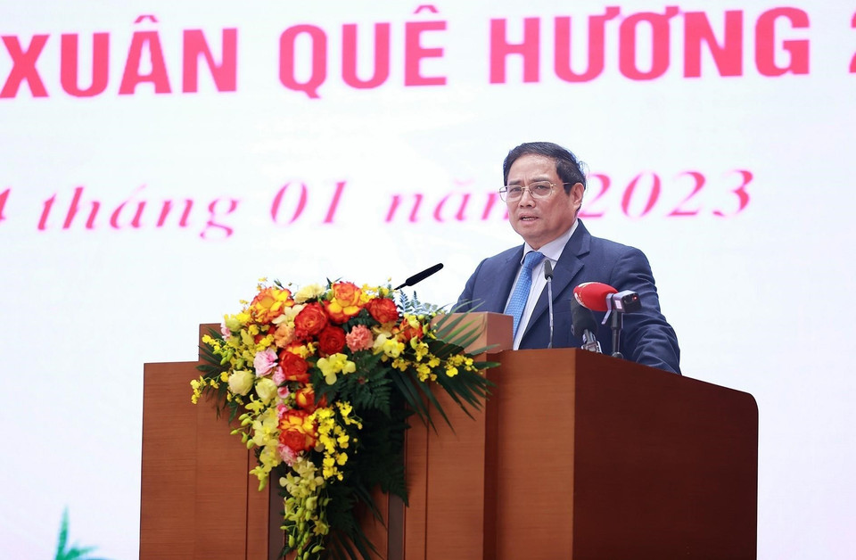 Thủ tướng Phạm Minh Chính phát biểu tại buổi gặp mặt kiều bào tiêu biểu tham dự chương trình Xuân Quê hương 2023. (Ảnh: Dương Giang/TTXVN) 