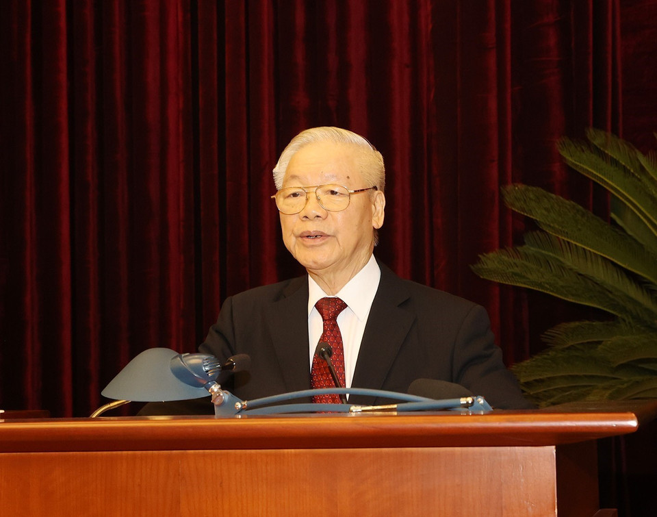 Tổng Bí thư Nguyễn Phú Trọng phát biểu kết luận hội nghị.(Ảnh: Trí Dũng/TTXVN)