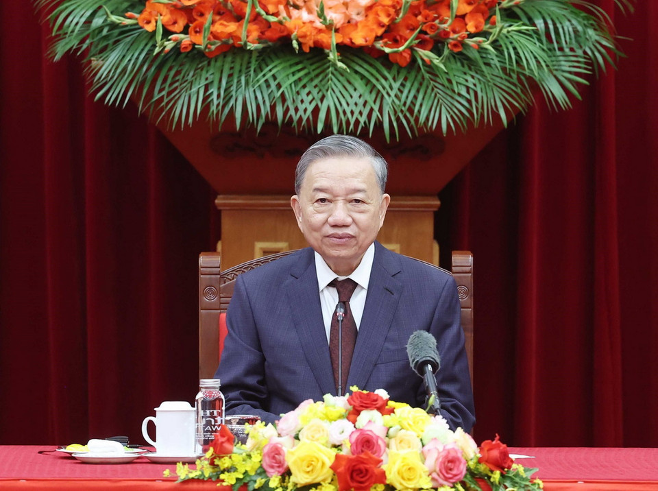 Tổng Bí thư Tô Lâm tại buổi tiếp Nhóm các chuyên gia, nhà khoa học tham dự Lễ trao giải VinFuture. (Ảnh: Thống Nhất/TTXVN)