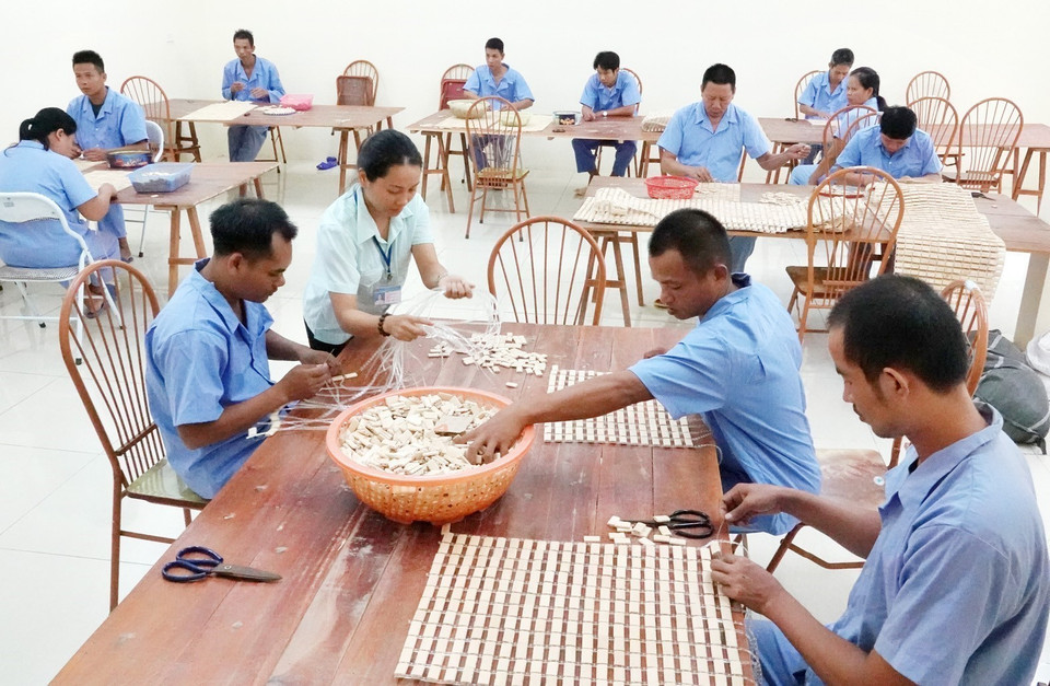 Dạy nghề cho các đối tượng xã hội tại Trung tâm Trợ giúp xã hội và phục hồi chức năng cho người tâm thần thuộc Sở Lao động, Thương binh và Xã hội tỉnh Phú Thọ. (Ảnh: Trung Kiên/TTXVN)