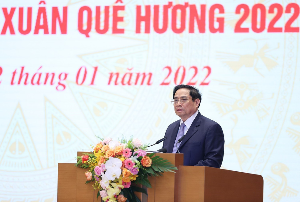 Hình ảnh Thủ tướng Phạm Minh Chính phát biểu tại buổi gặp mặt kiều bào dự Xuân quê hương năm 2022. (Ảnh: Dương Giang/TTXVN)