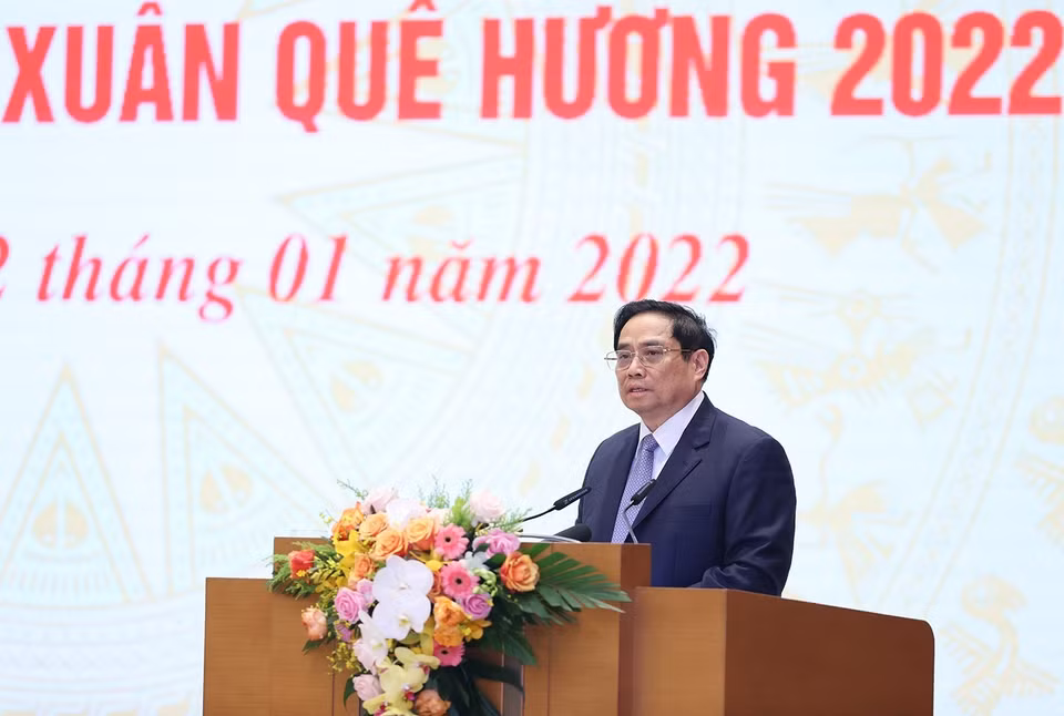 Hình ảnh Thủ tướng Phạm Minh Chính phát biểu tại buổi gặp mặt kiều bào dự Xuân quê hương năm 2022. (Ảnh: Dương Giang/TTXVN)