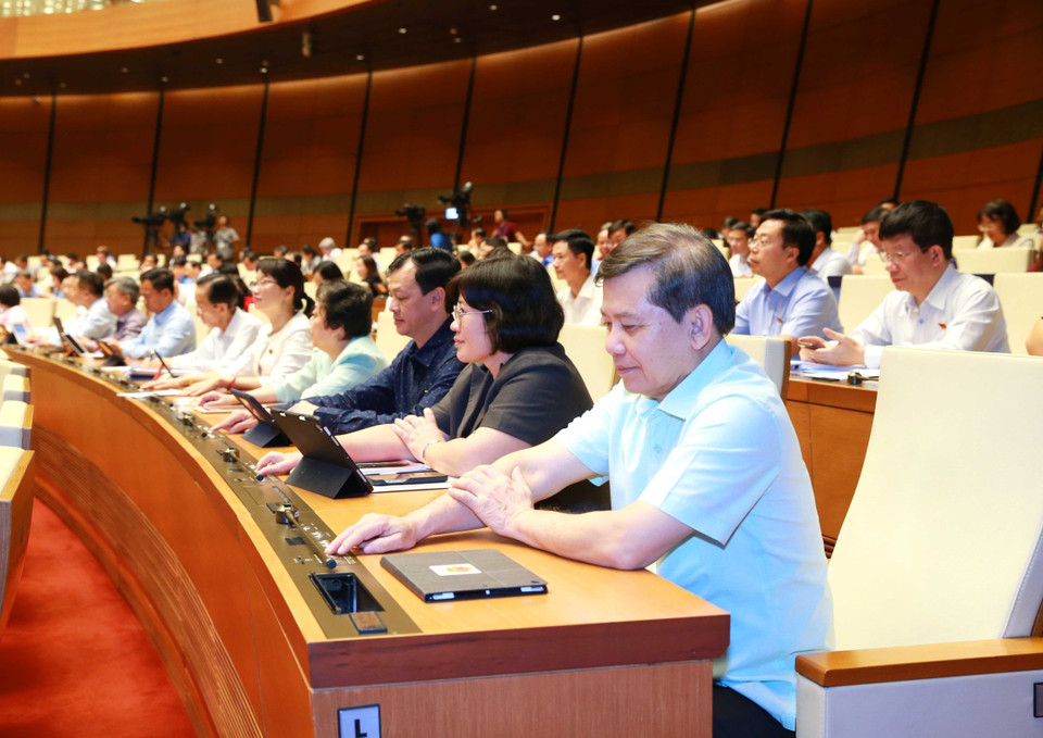 Đại biểu Quốc hội thành phố Hồ Chí Minh biểu quyết thông qua Nghị quyết.(Ảnh: Phương Hoa/TTXVN)