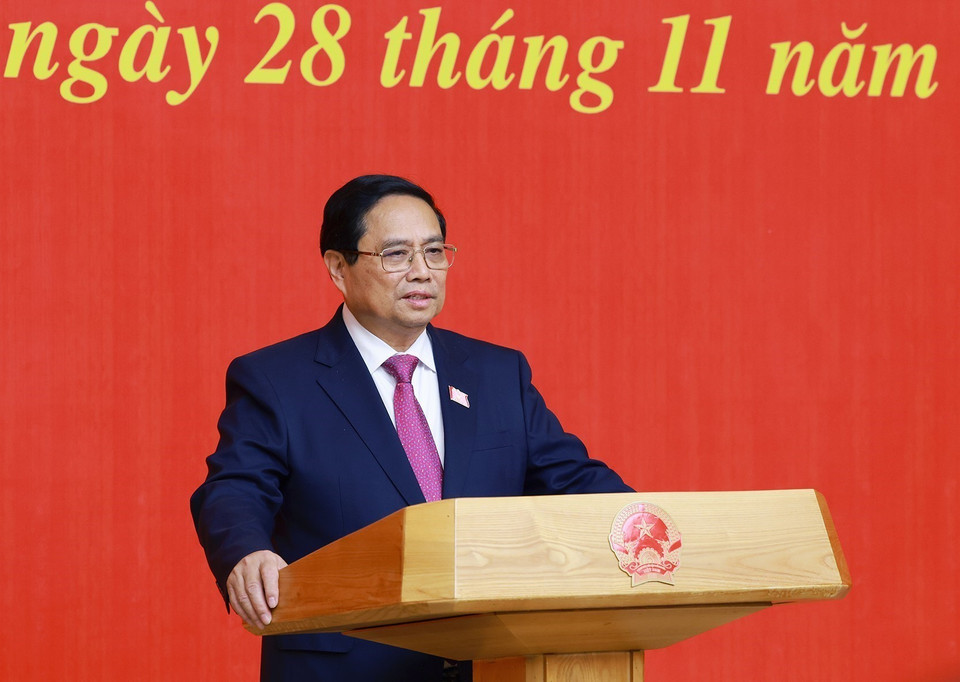 Thủ tướng Phạm Minh Chính phát biểu tại Lễ trao Quyết định của Chủ tịch nước bổ nhiệm Bộ trưởng Bộ Tài chính Bộ trưởng Bộ Giao thông Vận tải. (Ảnh: Dương Giang/TTXVN)