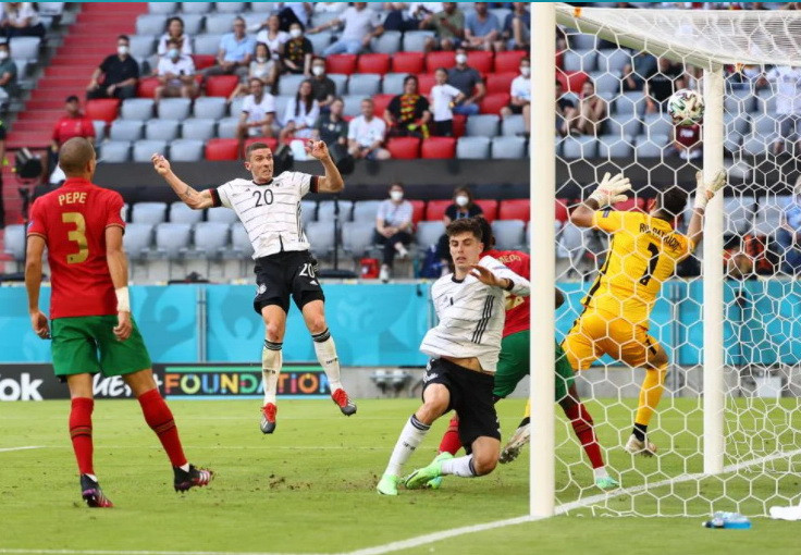 9 phút sau, Robin Gosens đã khép lại ngày thi đấu thăng hoa của mình bằng bàn thắng bằng đầu. (Nguồn: UEFA)