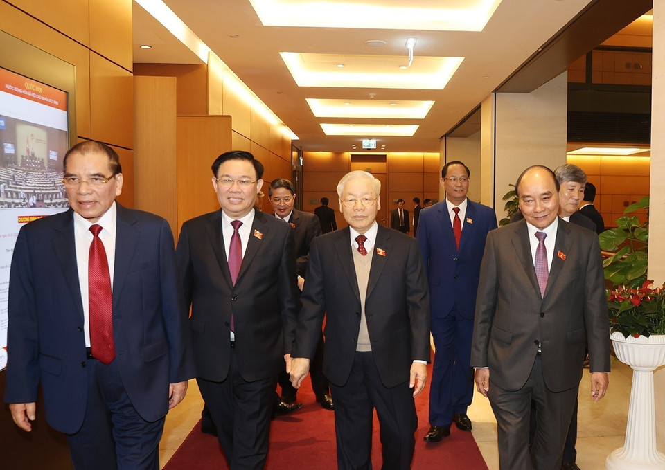 Tổng Bí thư Nguyễn Phú Trọng và các lãnh đạo, nguyên lãnh đạo Đảng, Nhà nước đến dự phiên bế mạc kỳ họp bất thường lần thứ hai. (Ảnh: Trí Dũng/TTXVN)