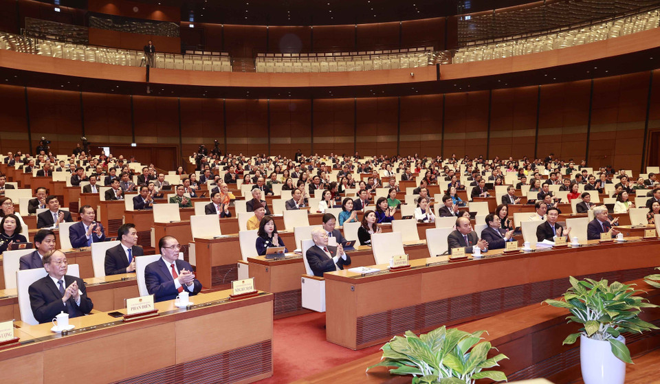 Tổng Bí thư Nguyễn Phú Trọng và các lãnh đạo, nguyên lãnh đạo Đảng, Nhà nước dự bế mạc kỳ họp. (Ảnh: Doãn Tấn/TTXVN)