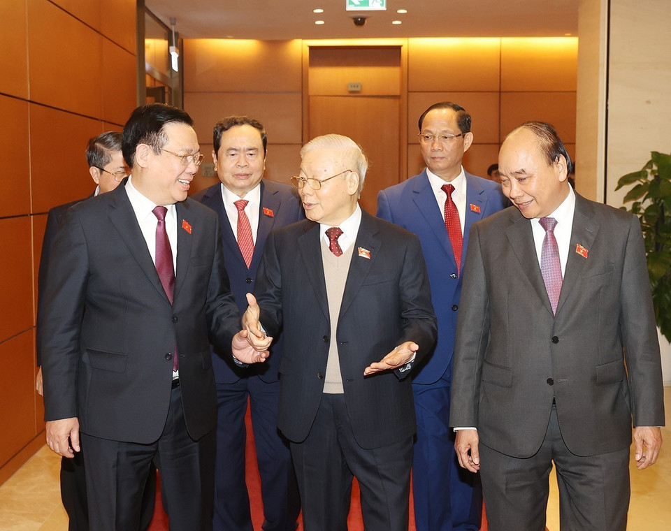 Tổng Bí thư Nguyễn Phú Trọng và các lãnh đạo Đảng, Nhà nước đến dự phiên bế mạc Kỳ họp bất thường lần thứ hai. (Ảnh: Trí Dũng/TTXVN)