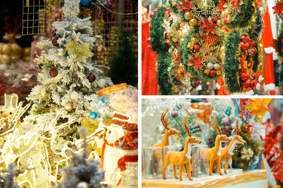 Mặt hàng được ưa chuộng nhất là những cây thông lớn, vòng hoa treo cửa, móc treo hình các biểu tượng Giáng sinh…giá của những sản phẩm này dao động từ vài chục nghìn cho đến cả triệu đồng, tuỳ vào kích cỡ. (Ảnh: Minh Hiếu/Vietnam+) 