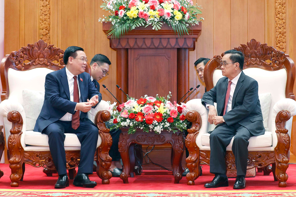 Chủ tịch Quốc hội Vương Đình Huệ gặp nguyên Thủ tướng, nguyên Chủ tịch Quốc hội Lào Thongsing Thammavong. (Ảnh: Doãn Tấn/TTXVN)