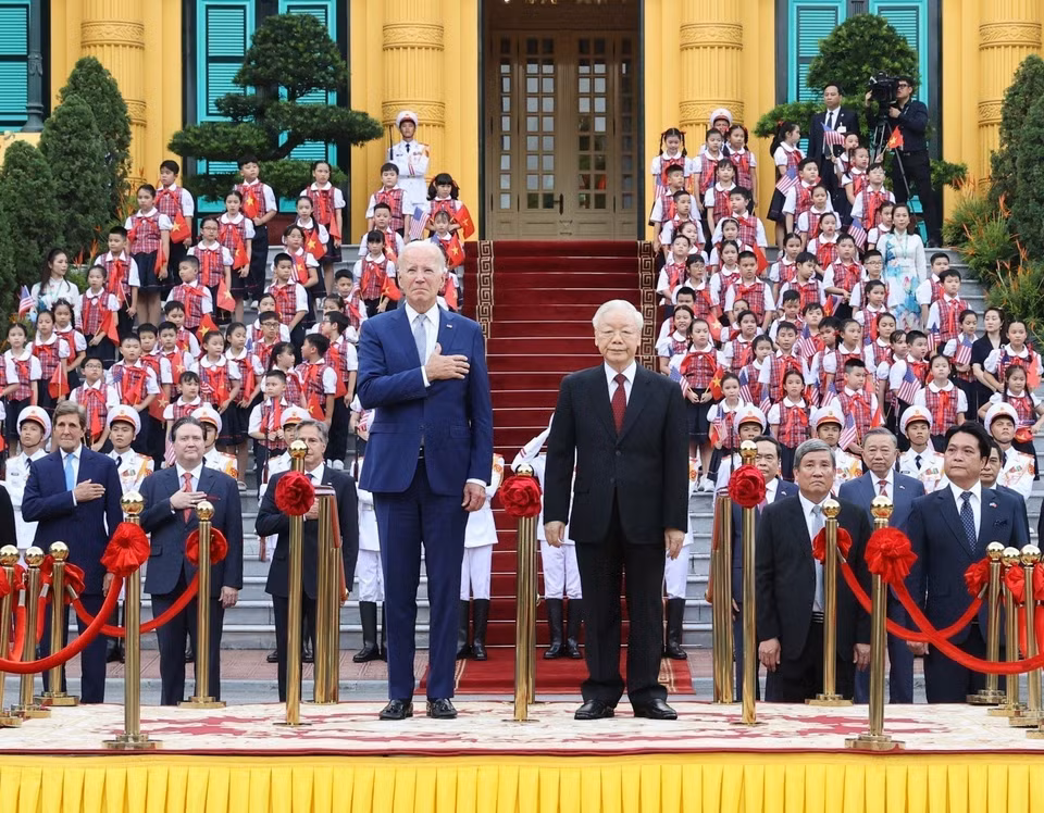 Tổng Bí thư Nguyễn Phú Trọng chủ trì Lễ đón Tổng thống Hoa Kỳ Joseph R. Biden, Jr. thăm cấp Nhà nước tới Việt Nam (11/9/2023). (Ảnh: Trí Dũng/TTXVN)