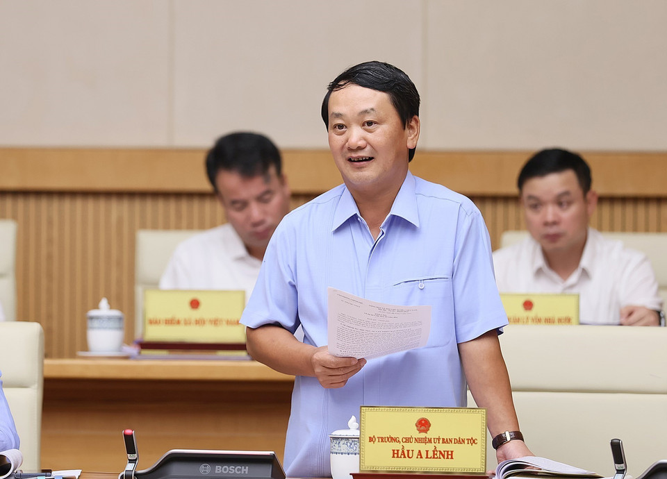 Bộ trưởng, Chủ nhiệm Ủy ban Dân tộc Hầu A Lềnh phát biểu.(Ảnh: Dương Giang/TTXVN)