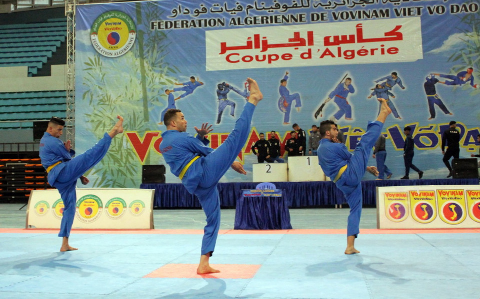 Đòn chân trong nội dung Thập thế bát thức quyền. (Ảnh: Lê Quang Trường/TTXVN)