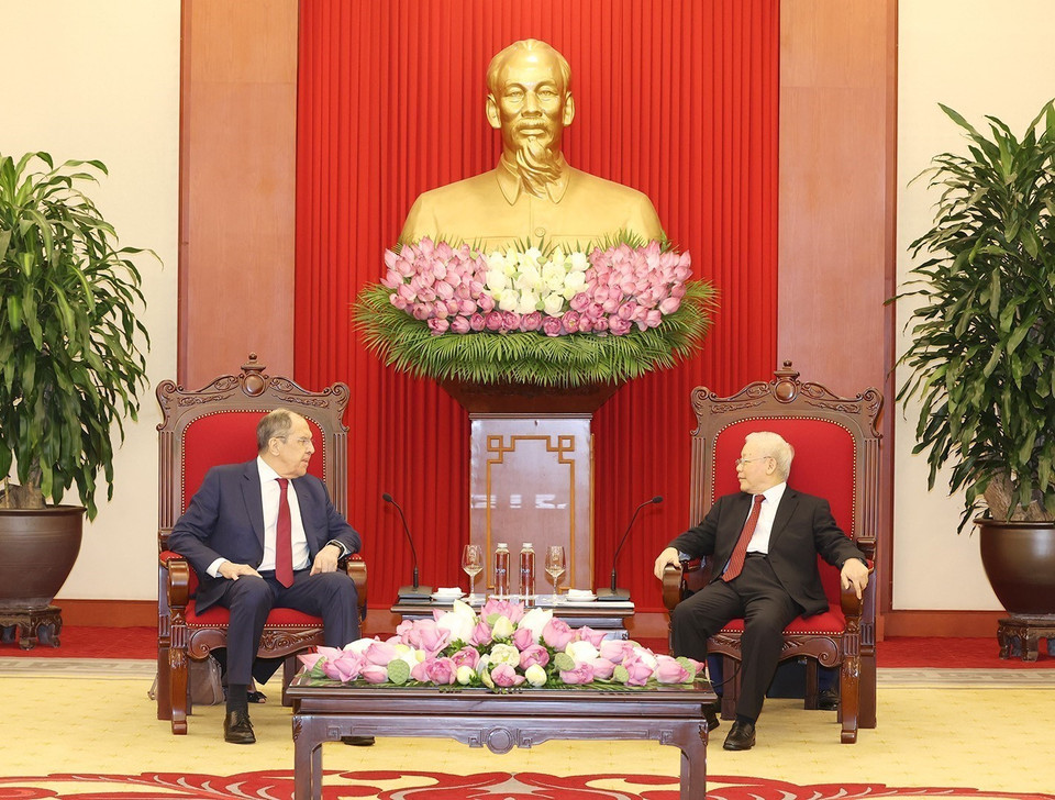 Tổng Bí thư Nguyễn Phú Trọng tiếp Bộ trưởng Ngoại giao Liên bang Nga Sergey Lavrov. (Ảnh : Trí Dũng/TTXVN)