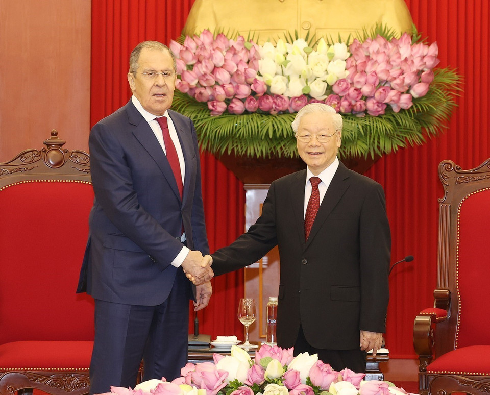 Tổng Bí thư Nguyễn Phú Trọng tiếp Bộ trưởng Ngoại giao Liên bang Nga Sergey Lavrov. (Ảnh : Trí Dũng/TTXVN)