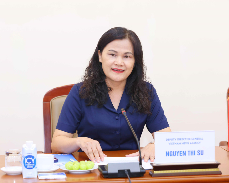 Phó Tổng Giám đốc Thông tấn xã Việt Nam Nguyễn Thị Sự phát biểu tại buổi làm việc. (Ảnh: Phương Hoa/TTXVN)