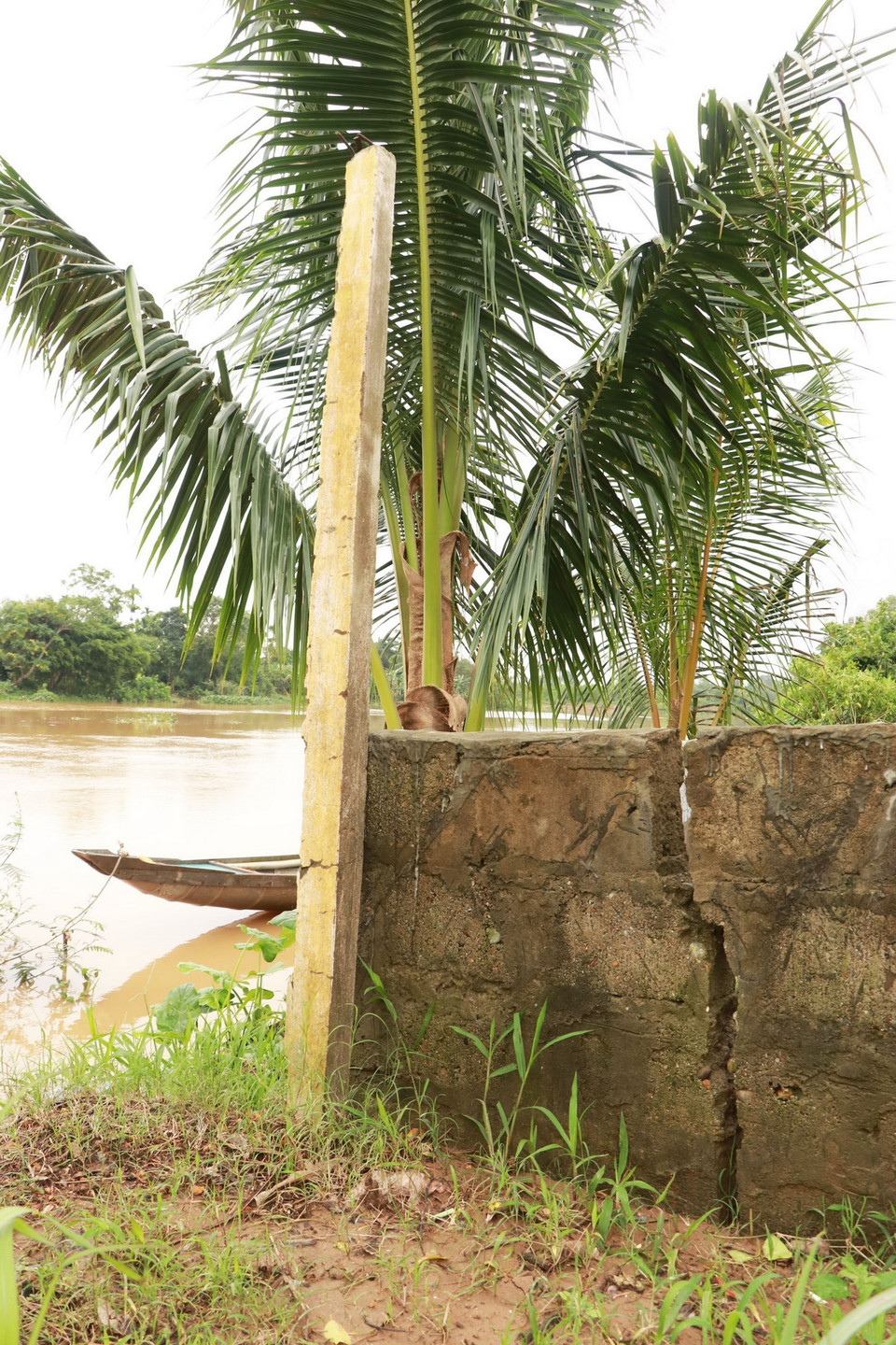Sạt lở bờ sông Vĩnh Định đoạn qua xã Triệu Hòa, huyện Triệu Phong (Quảng Trị) đã tiến sát công trình của người dân gây nguy cơ cao đổ sập. (Ảnh: Nguyên Lý/TTXVN)