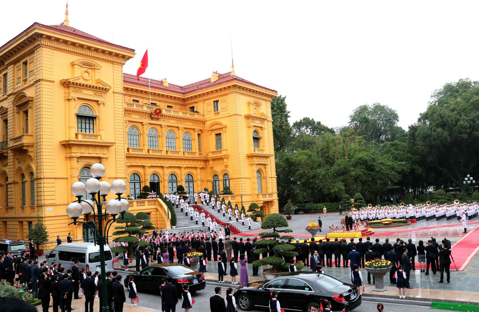 Quang cảnh Lễ đón Chủ tịch Triều Tiên Kim Jong-un. (Ảnh: Văn Điệp/TTXVN)