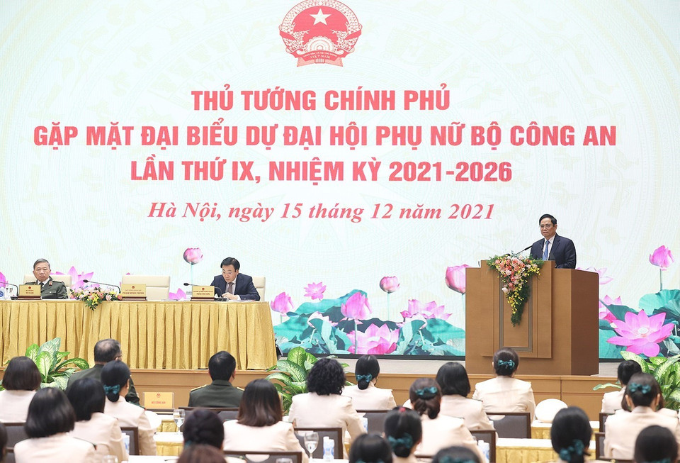 Thủ tướng Phạm Minh Chính phát biểu tại buổi gặp mặt. (Ảnh: Dương Giang/TTXVN)