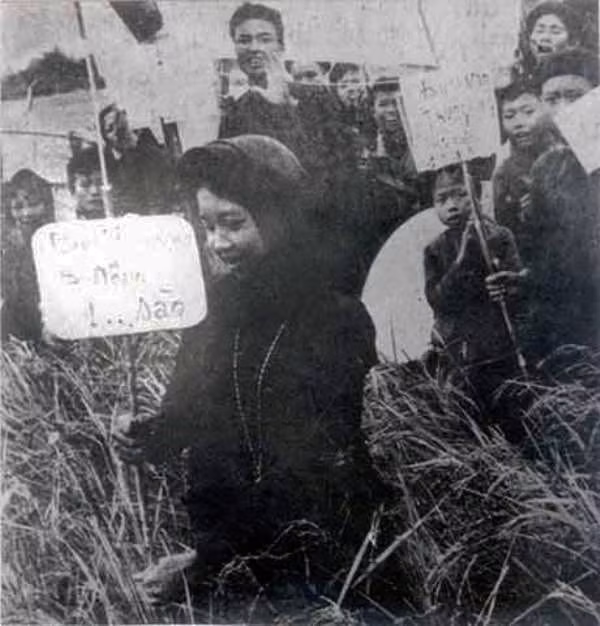 Nông dân phấn khởi được chia ruộng trong Cải cách ruộng đất (năm 1955). (Ảnh: Tư liệu/TTXVN)