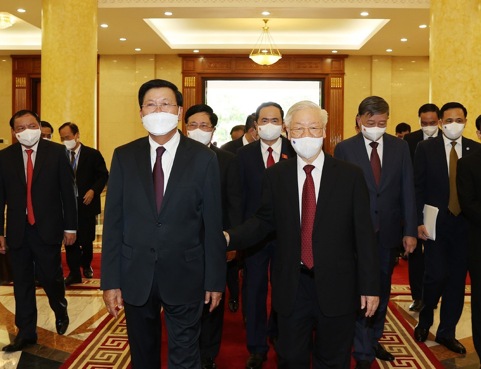 Tổng Bí thư Nguyễn Phú Trọng đón Tổng Bí thư, Chủ tịch nước Lào Thongloun Sisoulith. (Ảnh: Trí Dũng/TTXVN)