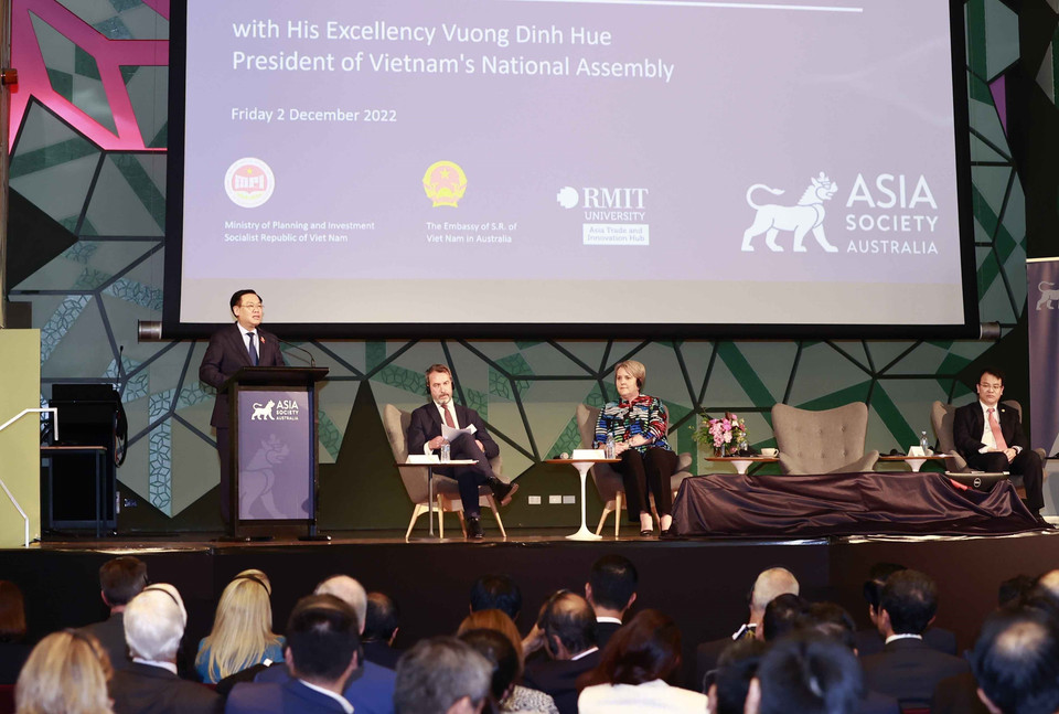 Chủ tịch Quốc hội Vương Đình Huệ phát biểu tại Diễn đàn hợp tác kinh tế Việt Nam-Australia. Ảnh: Doãn Tấn/TTXVN)