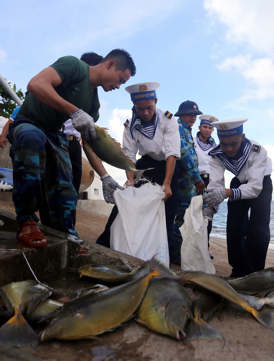 Thành quả một mẻ đánh bắt hải sản để cải thiện bữa ăn của chiến sĩ đảo Thuyền Chài B. (Ảnh: Danh Lam/TTXVN)