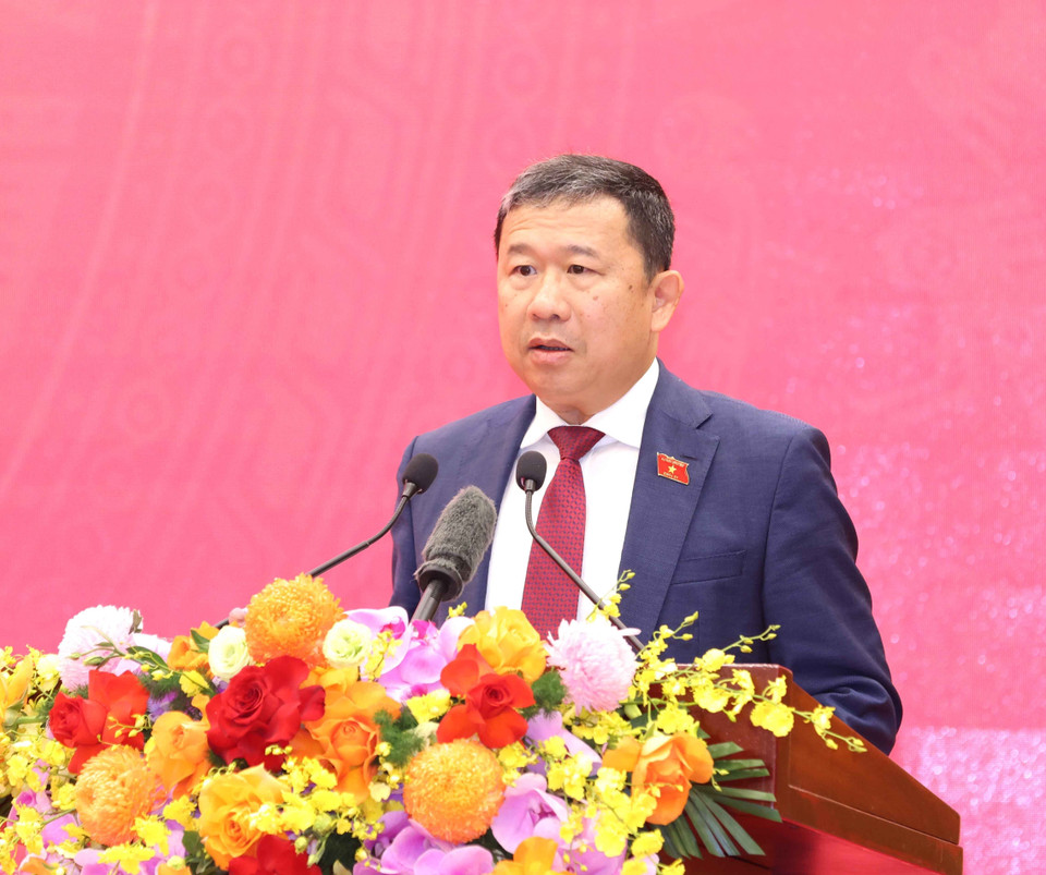 Đồng chí Vũ Hải Hà, Ủy viên Trung ương Đảng, Chủ nhiệm Ủy ban Đối ngoại của Quốc hội phát biểu tại Lễ kỷ niệm. (Ảnh: Phương Hoa/TTXVN)