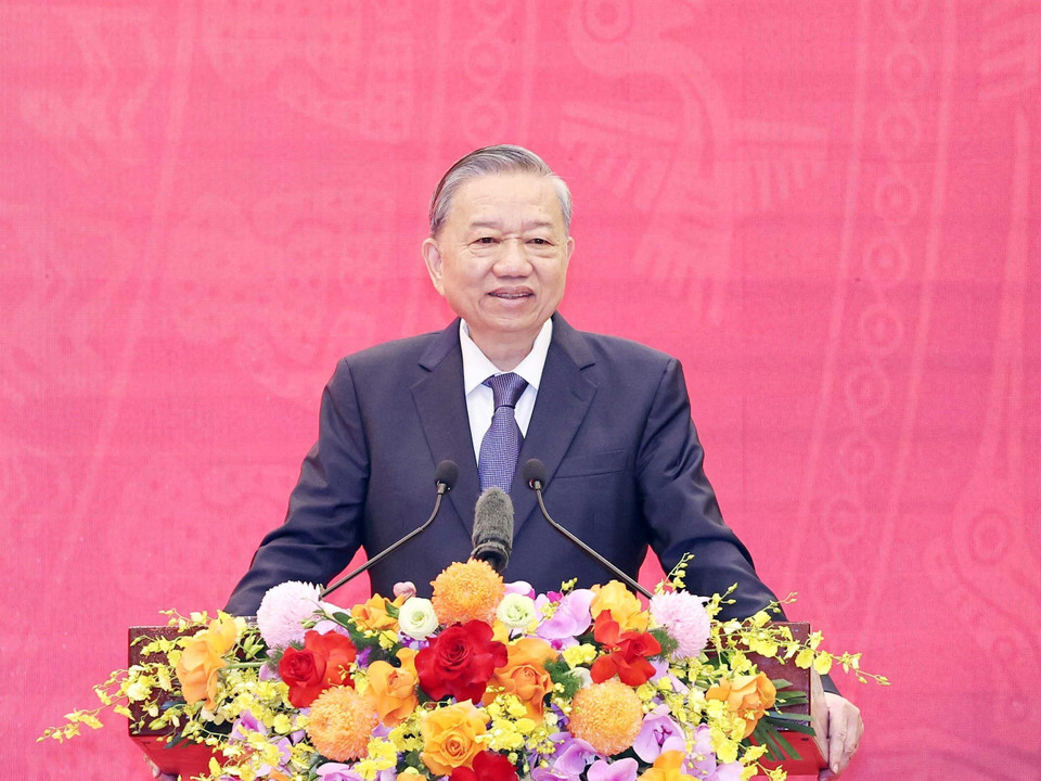 Tổng Bí thư Tô Lâm phát biểu tại lễ kỷ niệm 75 năm Ngày truyền thống Ban Đối ngoại Trung ương. (Ảnh: Thống Nhất/TTXVN)