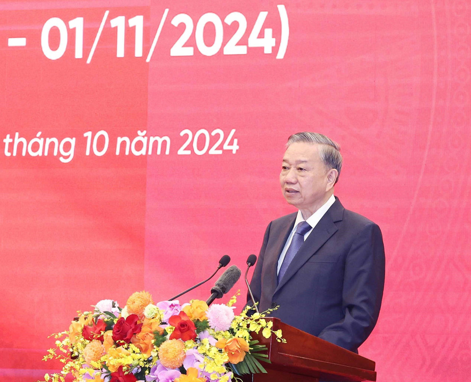 Tổng Bí thư Tô Lâm phát biểu tại lễ kỷ niệm 75 năm Ngày truyền thống Ban Đối ngoại Trung ương. (Ảnh: Thống Nhất/TTXVN)